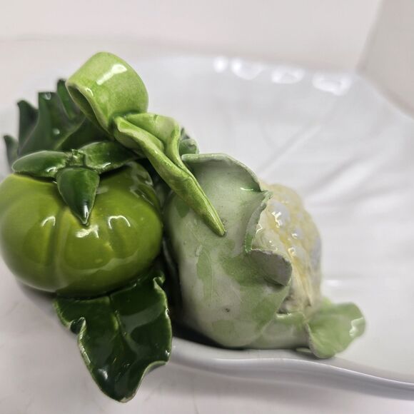 VTG White Leaf Plate Dish W/ 3D Vegetables Italy Cauliflower Artichoke - Picture 11 of 16